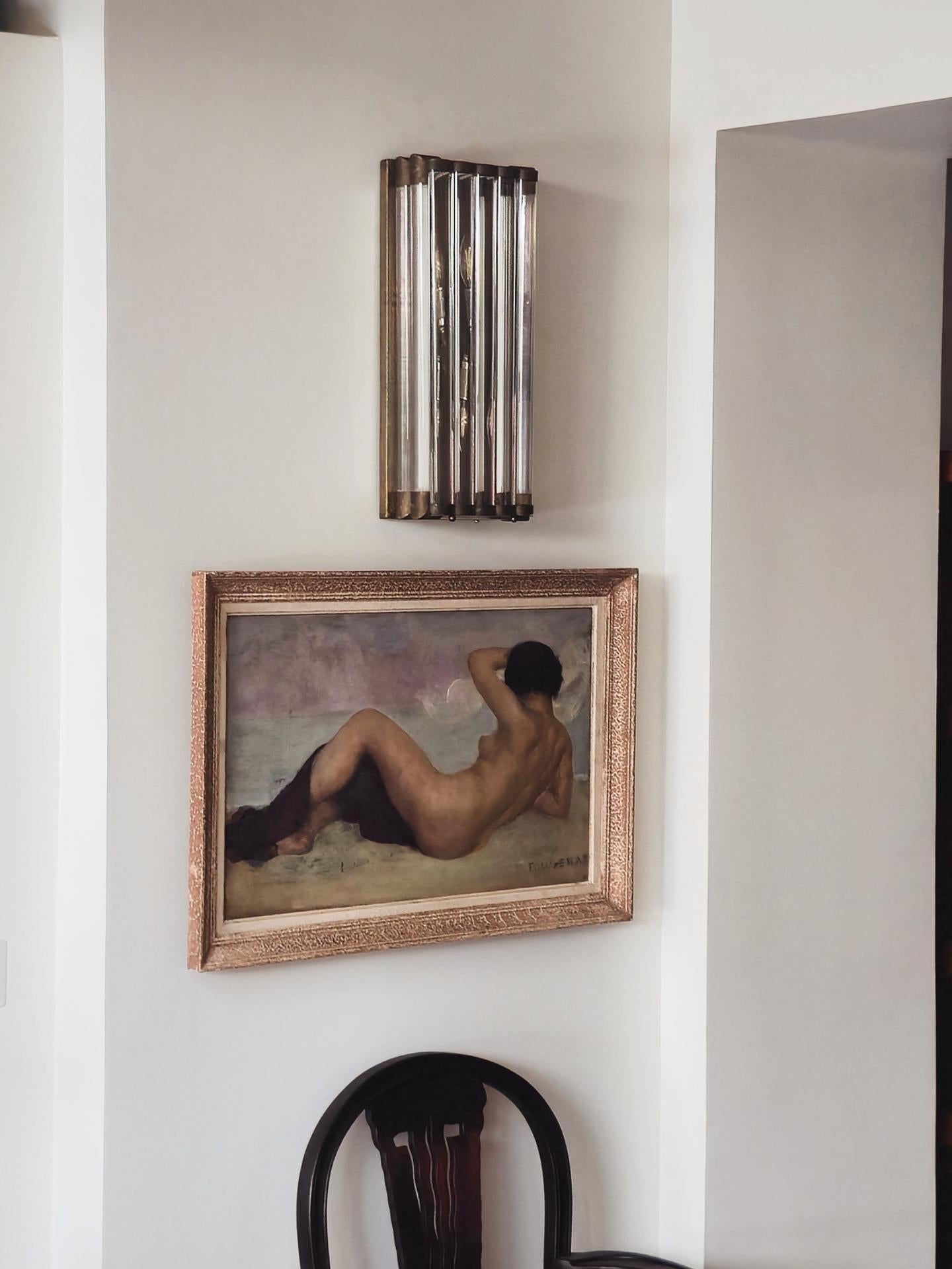 Applique art déco en cuivre et verre, France 1930