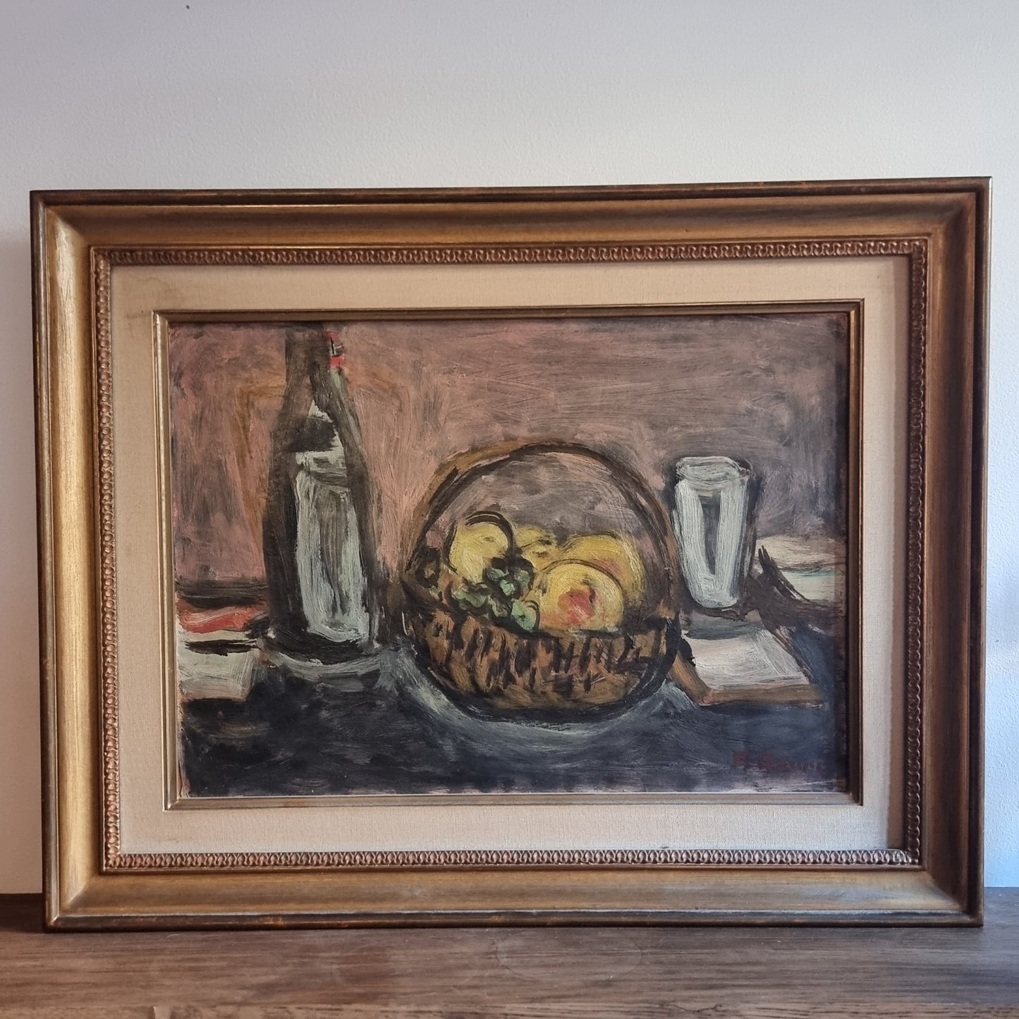 Huile sur panneau , nature morte aux fruits, Pierre Brune