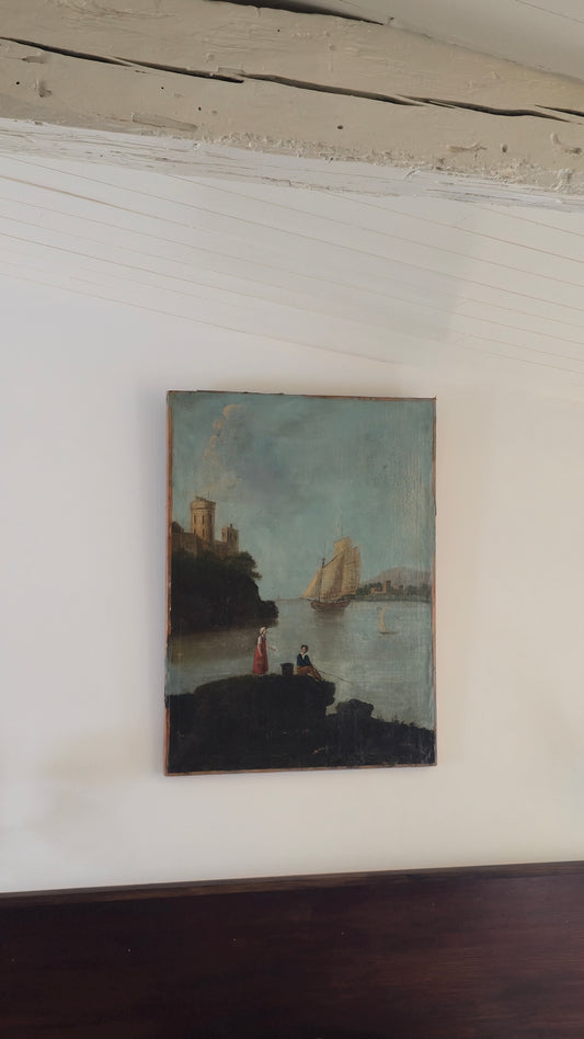 Huile sur toile, paysage au voilier 18 ème siécle