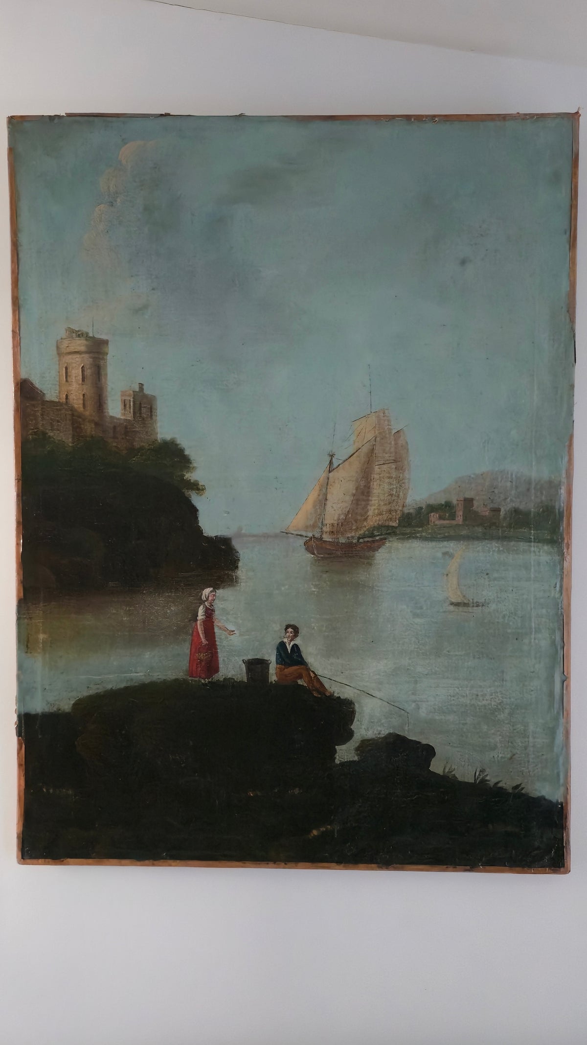 Huile sur toile, paysage au voilier 18 ème siécle