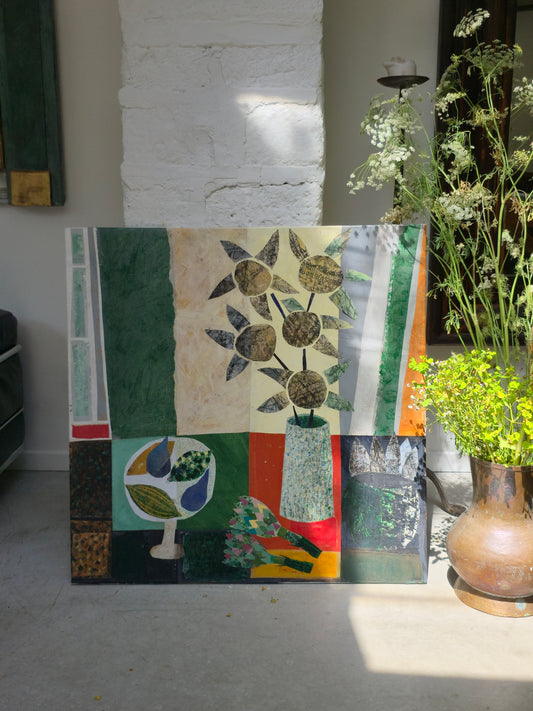 Nature morte, collage sur toile par Yves Bonhomme