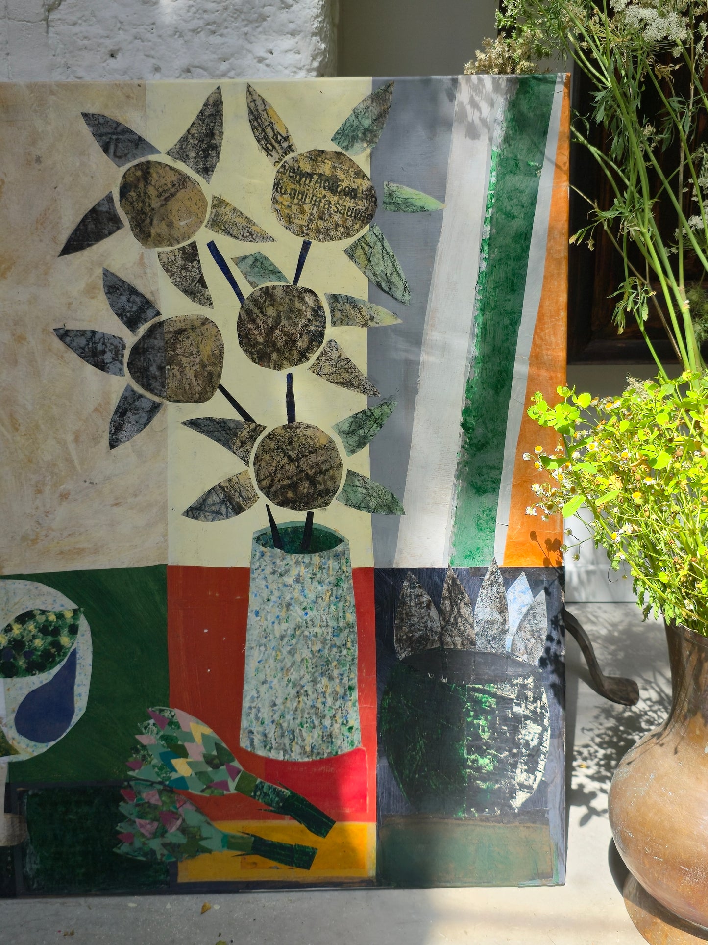 Nature morte, collage sur toile par Yves Bonhomme