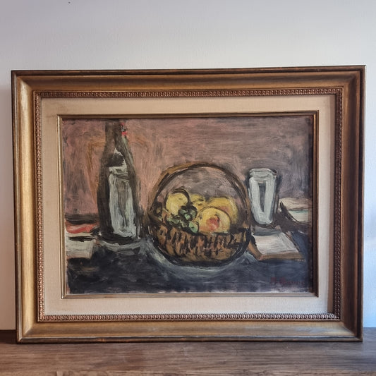 Huile sur panneau , nature morte aux fruits, Pierre Brune