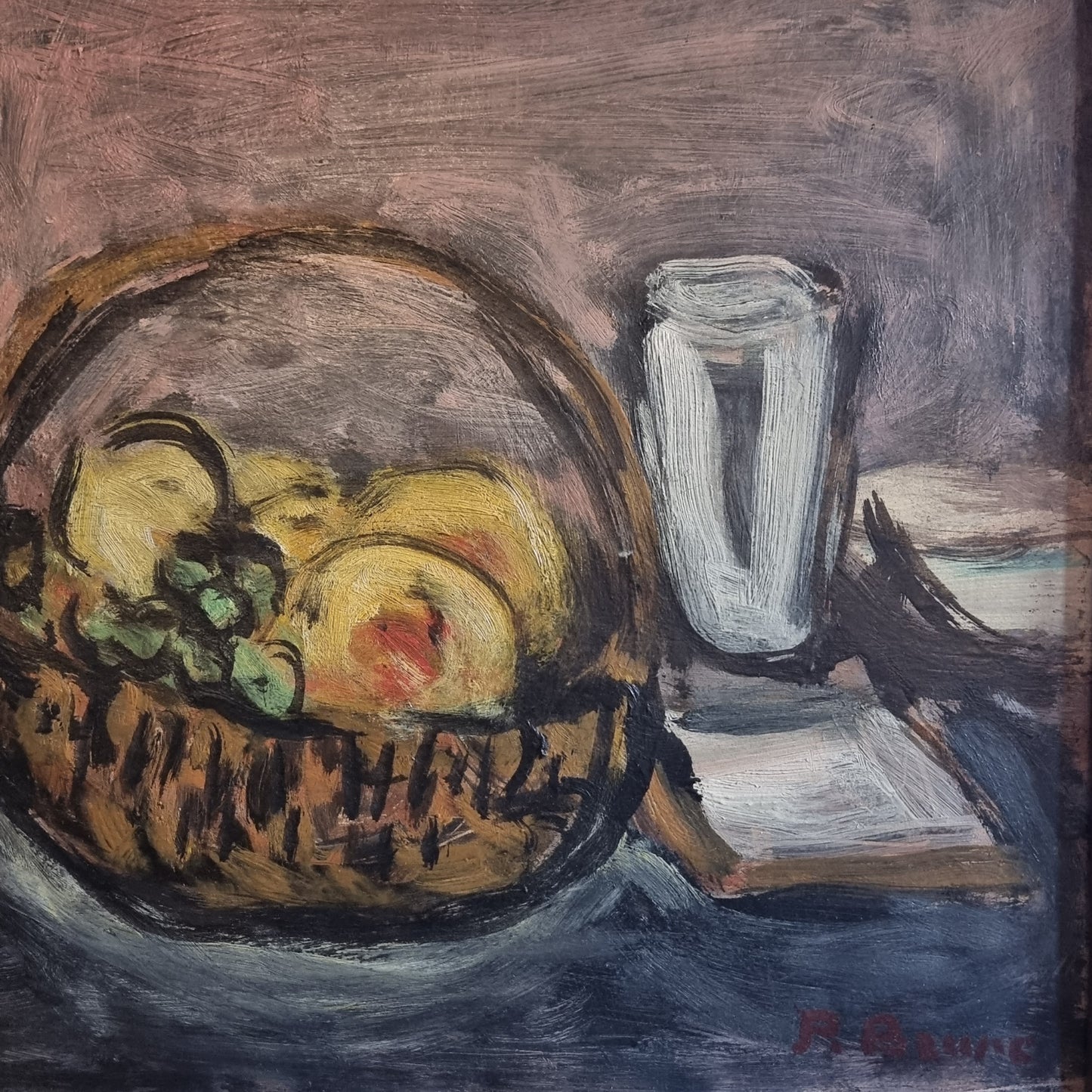 Huile sur panneau , nature morte aux fruits, Pierre Brune